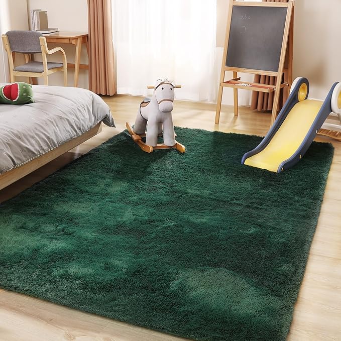 Fluffy Area Rug, 3x5 Green Rugs for Bedroom, Soft Plush Area Rugs for Living Room, Non-Slip Indoor Carpet for Nursery, Study Room, Playroom, Home Decor