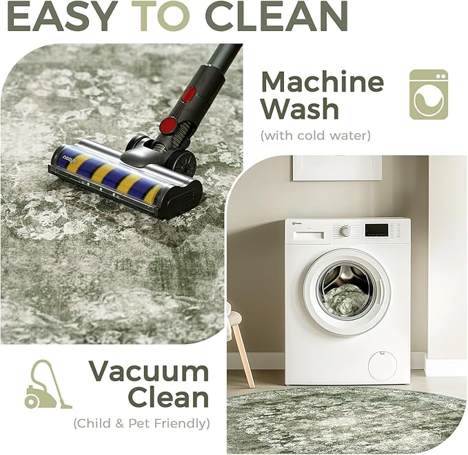 jinchan Round Rug 5ft Area Rug - Green Vintage Floor Mat Kitchen Indoor - Washable Circle 5' Thin Floral Print Carpet Retro Farmhouse Non Slip Dining Room Living Room Bedroom Office