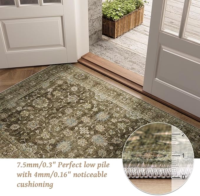 Washable 6x9 Area Rugs for Living Room, Boho Non-Slip Silicone Backing Large Rugs for Bedroom Dining Room Nursery Office, 0.3" Neutral Oriental Throw Carpet with 0.16" Cushioning Pad, Flaxen/Multi