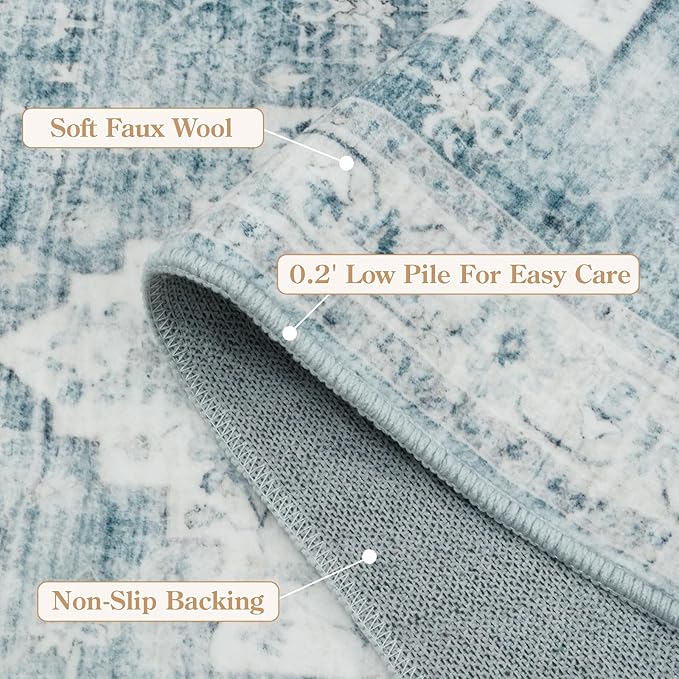 LIVEBOX Washable Area Rug 8x10 Rugs for Living Room Bedroom, Non-Slip Boho Indoor Carpet for Dining Room Office, Low-Pile Farmhouse Soft Carpets for Kids Nursery Room Playroom, Blue