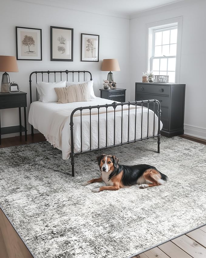 Washable Area Rugs 5'x7' Non-Slip Modern Abstract Soft for Living Room Entryway Bedroom Nursery, Print Pattern, Gray White Grey