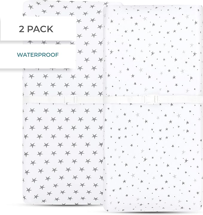 Ely’s & Co. Patent Pending Waterproof Changing Pad Cover|Cradle Sheet 2-Pack Set for Baby Boy - 100% Cotton, Jersey Knit Cotton Sheets with Waterproof Lining — Grey Stars