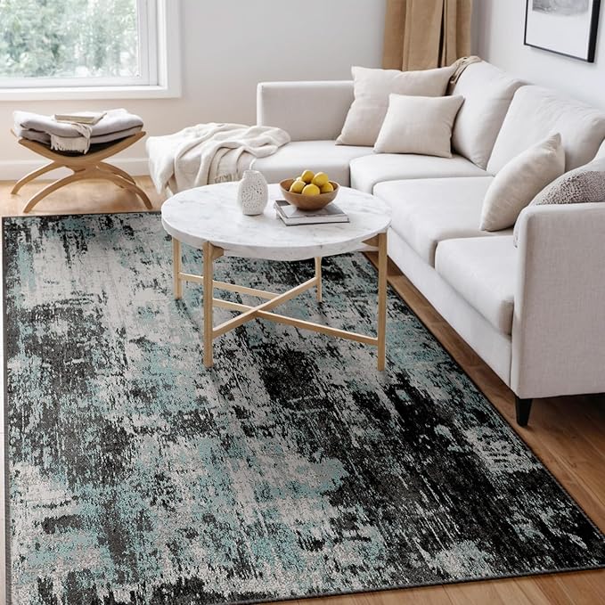 Washable Area Rugs 4'x6' Non-Slip Modern Abstract Soft for Living Room Entryway Bedroom Nursery, Print Pattern, Blue Black Teal