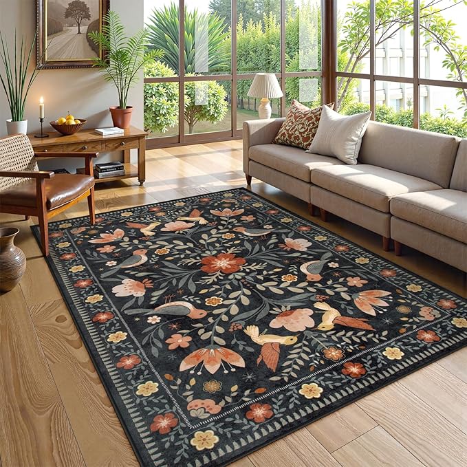 Moynesa Machine Washable 6x9 Area Rugs, Boho Bird Ultra Thin Living Room Rug Non Slip, Soft, Stain Resistant, Indoor Black Large Throw Carpet for Bedroom Office Dining Room Under Table