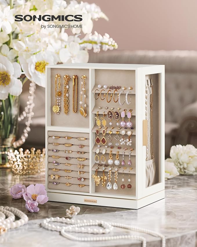 SONGMICS Jewelry Box 360° Rotating, Jewelry Storage Case with 7 Drawers, Jewelry Organizer, Glass Window, Spacious, Vertical Jewelry Storage, Open Design, Great Gift, Cloud White UJBC201W01