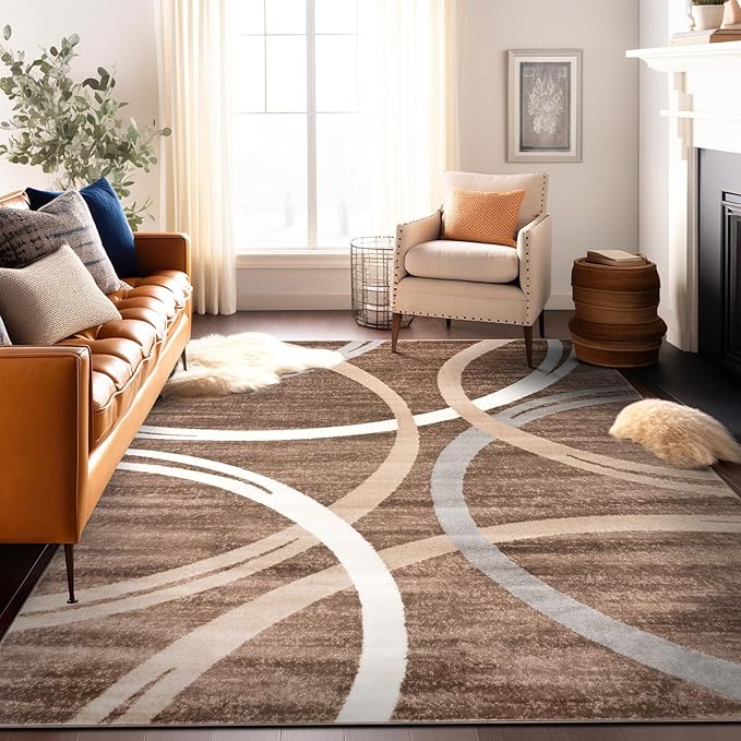 Rugshop Modern Wavy Circles Design Area Rug 10' x 14' Brown