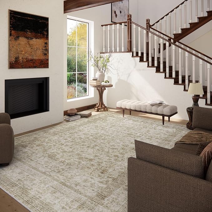 Machine Washable Rugs for Living Room: 9x12 Area Rugs for Bedroom Boho Vintage Rugs Stain Resistant Non Slip Low Pile Soft Lightweight Carpet for Kitchen Dining Room Farmhouse Nursery Kids Room