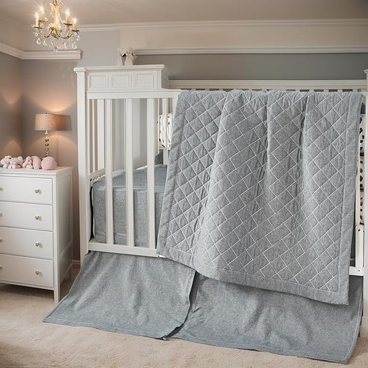 Brandream Gender Neutral Baby Crib Bedding Set 3 Pieces 100% Cotton Like Linen Supersoft Classic Quilted Plaid Design Boho Bohemian Farmhouse Chic Nursery Decor (Gray)