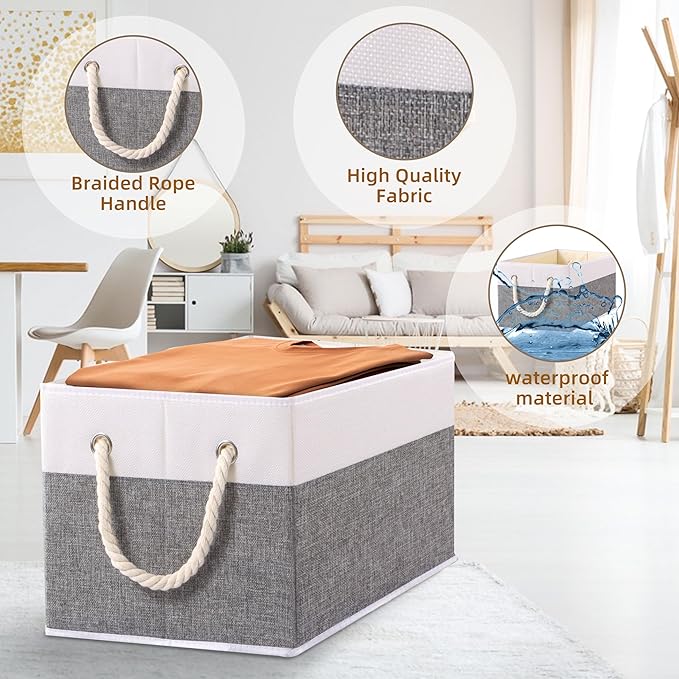 Yawinhe Foldable Storage Basket 3-Pack, Large Fabric Bins with Rope Handle, Used for Organizing Shelves, Closets, Clothes, 12.99''Lx9.05''Wx7.87''H, White/Grey