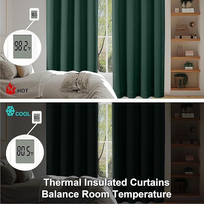 Simplebrand Ava Ever Green Blackout Curtains for Bedroom 63 Inch Length 2 Panels Set, Thermal Insulated Energy Saving Rod Pocket Window Treatment Curtains Blackout Drapes, W40 x L63 Inch, Ever Green