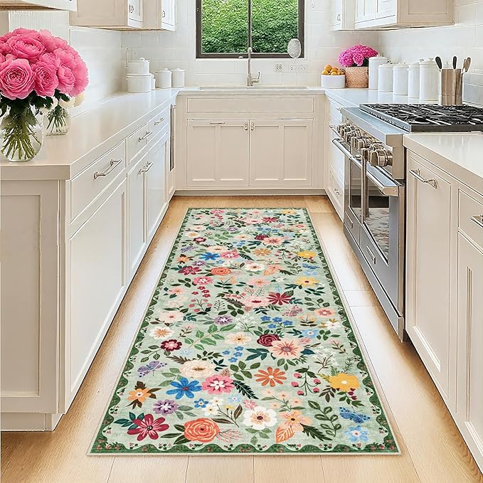 Runner Rug for Entryway: 2.6x8 Kitchen Rugs Non Slip Washable Ultra-Thin Soft Floral Carpet Indoor Floor Stain Resistant Carpets for Hallway Bedroom Kitchen Laundry Bathroom Dorm Green