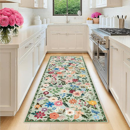 Runner Rug for Entryway: 2.6x8 Kitchen Rugs Non Slip Washable Ultra-Thin Soft Floral Carpet Indoor Floor Stain Resistant Carpets for Hallway Bedroom Kitchen Laundry Bathroom Dorm Green