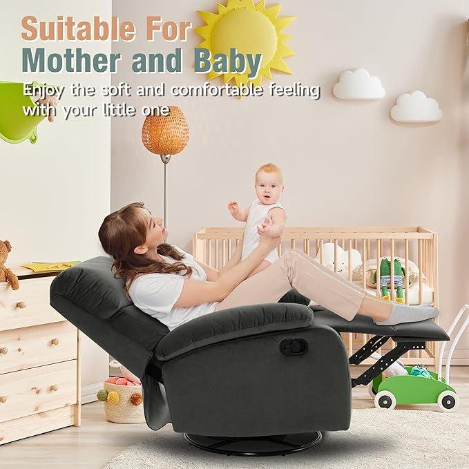 Swivel Rocker Recliner for Adults, Rocking Small Recliner Chair for Small Spaces, Glider-Nursery Rocking Chair for Living Room, RV, Nursery, Bedroom, Grey