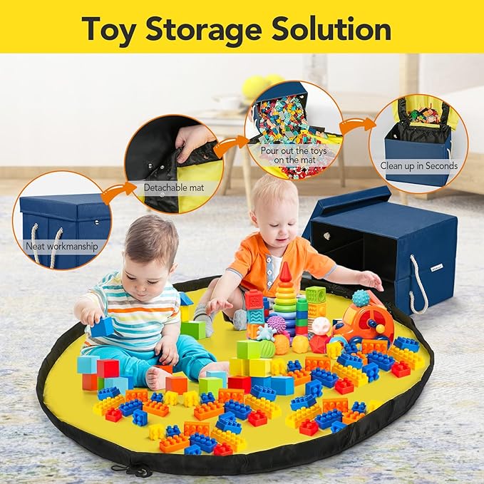 Kids Toy Box Chest Storage with Lid and Big Play Mat for Boys and Girls,Collapsible Fabric Toy Building Bricks Storage Container Organizer Bin with Rug for Playroom and Nursery Organization