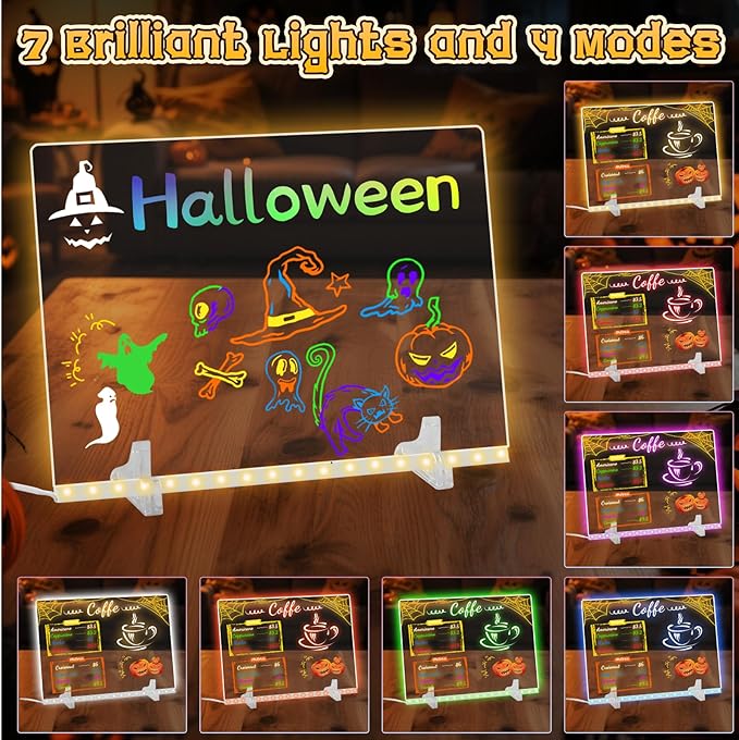 Lumiboard Led Drawing Board with 7 Colors,Light Up Acrylic Cosmody Drawing Board,Glowing Acrylic Dry Erase Board with Light,Lumiboard Led Boards to Write On,Halloween Gifts for Kids (12“*8”)