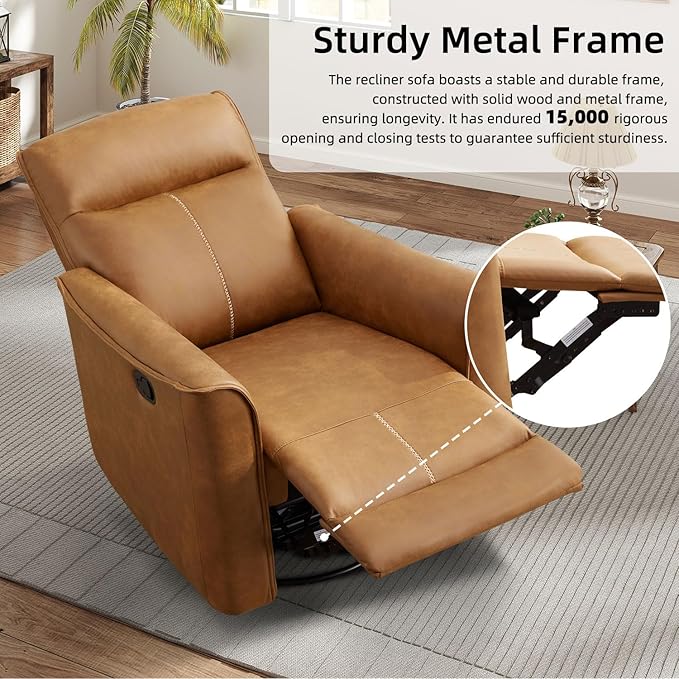Swivel Rocker Recliner, Glider Rocking Chair, Nursing Chairs Swivel Glider Recliners with Soft Backrest, Leathaire Manual Reclining Sofa for Living Room Bedroom Apartment, Brown