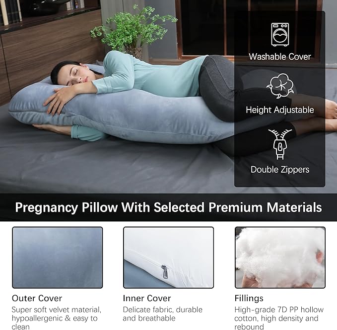 MOON PARK Pregnancy Pillows for Sleeping - U Shaped Full Body Maternity Pillow with Removable Cover - Support for Back, Legs, Belly, HIPS - 65 Inch - Grey