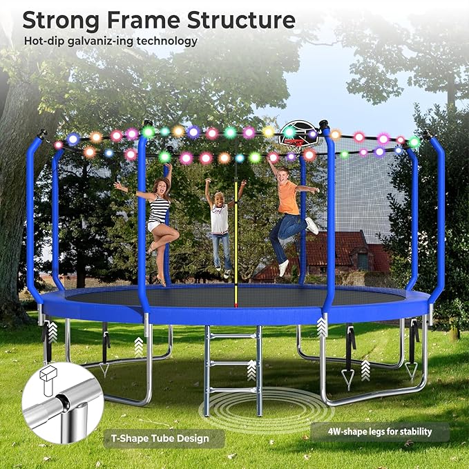 Upgraded Trampoline 8FT/10FT/12FT/14FT With Basketball Hoop, Light, Sprinkler, Stakes - Outdoor Backyard for 4-6 Kids and Adults