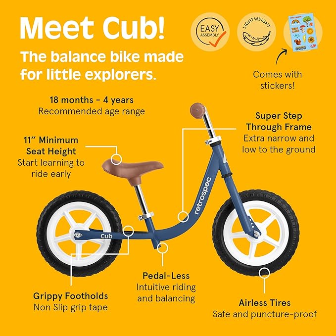 Retrospec Cub Toddler 12" Balance Bike, 18 Months - 3 Years Old, No Pedal Beginner Kids Bicycle for Girls & Boys, Flat-Free Tires, Adjustable Seat, & Durable Frame