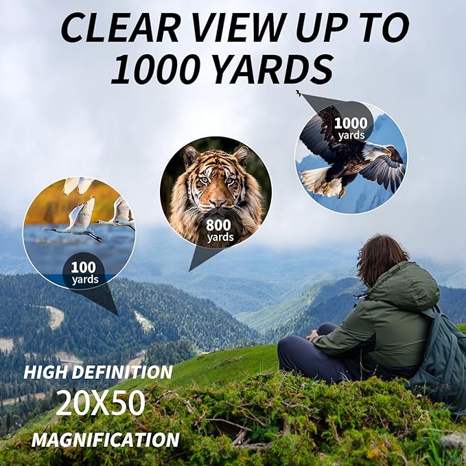 PISEZ 20X50 Binoculars for Adults High Powered with Low Light Vision，Compact Large View Waterproof Binoculars for Bird Watching Hunting Concert Traveling Theater Opera Sightseeing