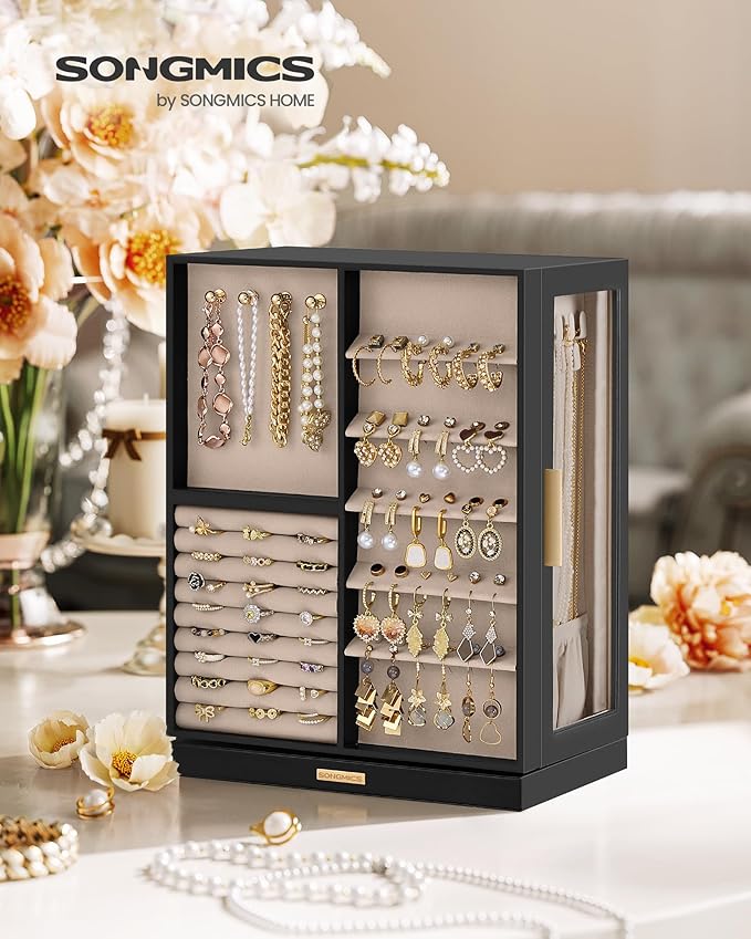 SONGMICS Jewelry Box 360° Rotating, Jewelry Storage Case with 7 Drawers, Jewelry Organizer, Glass Window, Spacious, Vertical Jewelry Storage, Open Design, Great Gift, Ink Black UJBC201B01