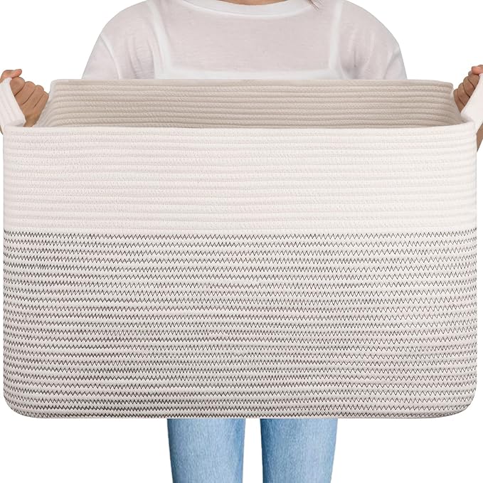 OIAHOMY 95L Blanket Basket, 24”x17”x14”, Large Woven Baskets for Storage, Nursery Cotton Rope Basket with Handle, Living Room, Nursery, Bedroom,Toy Baskets Organizer Bins, Black and White