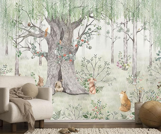 Watercolor Forest Animals Wallpaper Kids Large Tree Mural Wallpaper for Kids Bedroom Living Room(Not Self-Adhesive)