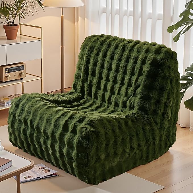 Modern Bean Bag Chair, Large Bean Bag Couch for Adults with Memory Foam Filled, Soft Faux Bunny Fur Lazy Chair for Living Room Bedroom Dorm Apartment, No Assembly Required, Green