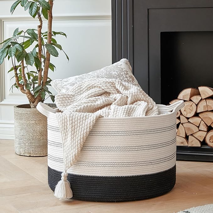 XXXLarge Cotton Rope Basket 22" X 22"X 14" Blanket Basket for Living Room Woven Basket Soft Baby Laundry Blanket Basket Nursery Bin Toy Basket with Handle White+Black