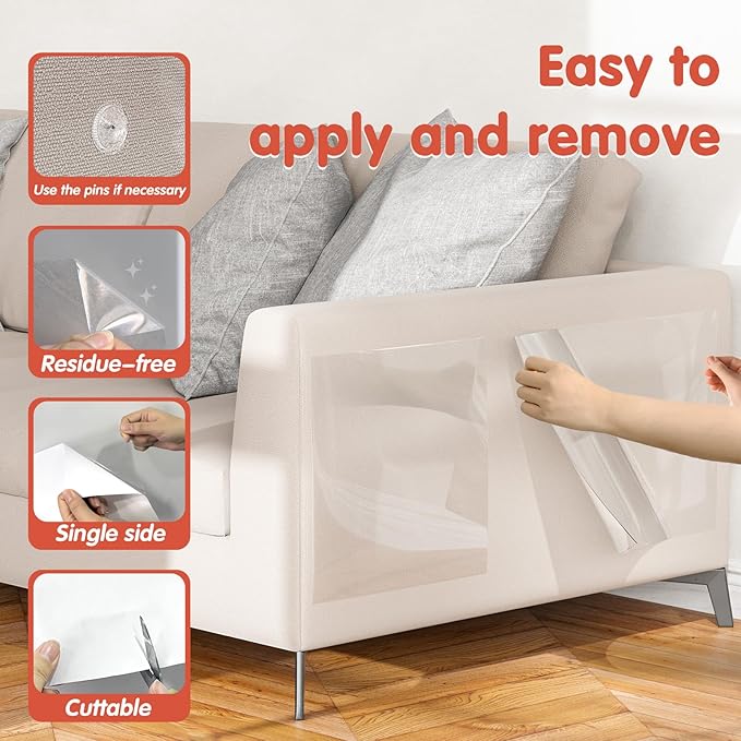 18 Pcs Large Cat Scratch Furniture Protector, Transparent Couch Protector from Cat Claws, Single-Sided Self Adhesive Anti Pet Deterrent Sofa Cover, 17in