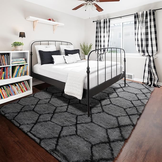 ONASAR Area Rugs for Bedroom Living Room, Washable 4x6 Fluffy Grey and Black Rug, Shaggy Geometric Floor Mat for Home Decor Aesthetic, Soft Plush Fuzzy Carpet for Nursery Kids Teen Dorm