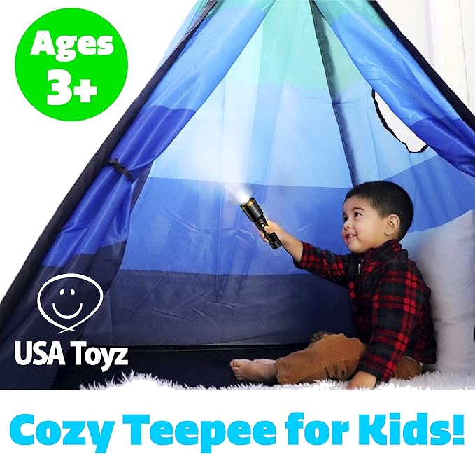 USA Toyz Happy Hut Teepee Tent for Kids - Indoor Pop Up Teepee Kids Playhouse Tents for Boys, Girls, Toddlers with Portable Storage Bag (Blue)