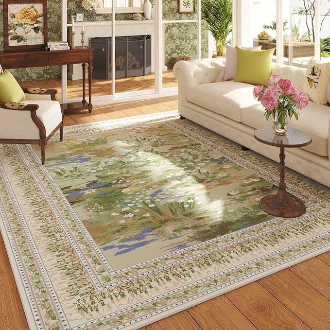 5x7 Area Rugs Impressionist-Style Vintage Washable Area Rug Non Slip Low Pile Large Rugs for Living Room Bedroom Farmhouse Dining Room Kids Playroom, Beige