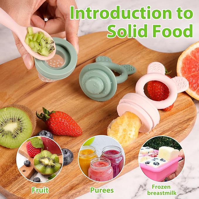 Bessentials Baby Fresh Fruit Food Feeder - 2 Pack Silicone Mesh Feeders for Infant Safe Self Feeding |3 Sizes Food Pouches Included| Suitable for Baby 4m+ (Light Pink & Grass Green)