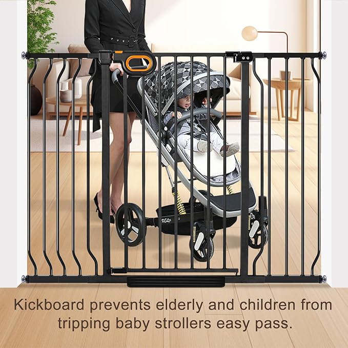 owlie 37.4" Extra Tall Wide Baby Gate for Stairs Doorways,66-75 Inch Extra Large Long Baby Gate with Door Indoor Safety Metal Pressure Mounted Pet Gate with Walk-Thru Auto Close, Black