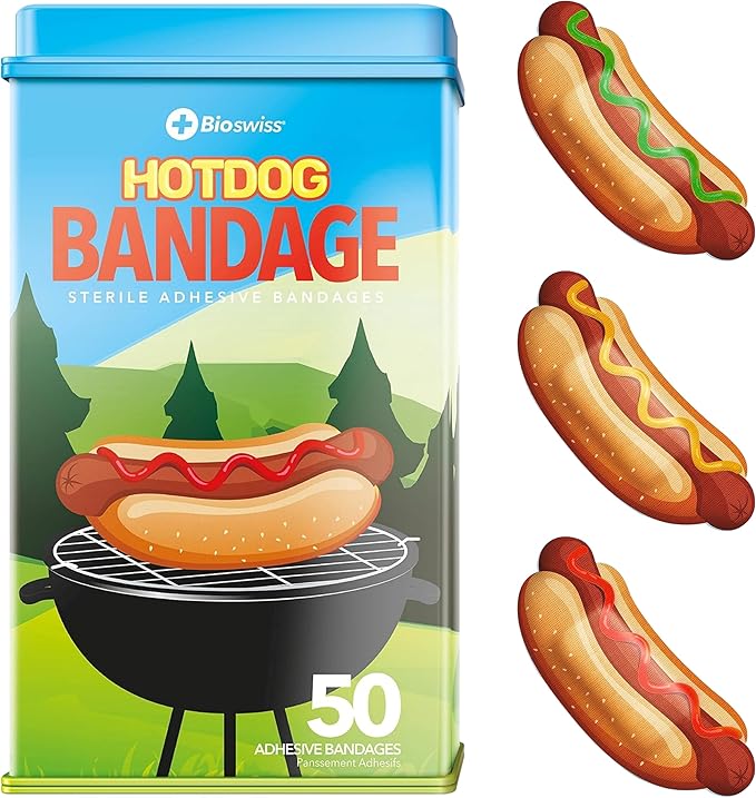 BioSwiss Bandages, Hot Dog Shaped Self Adhesive Bandage, Latex Free Sterile Wound Care, Fun First Aid Kit Supplies for Kids, 50 Count