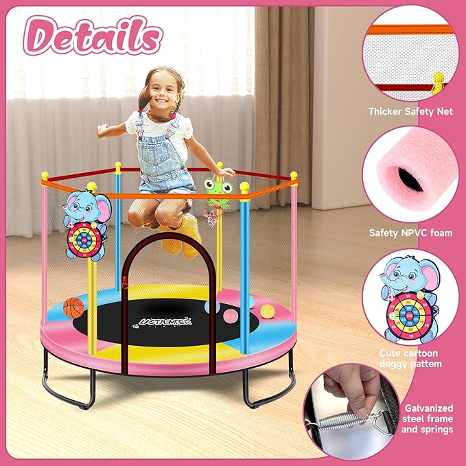 Pink Indoor Trampoline for Kids 2-5, 5ft Mini Indoor & Outdoor Small Toddler Trampoline with Net and Basketball Hoop