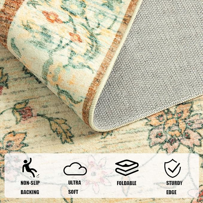 LOCHAS Washable Area Rugs 6x9, Beige Floral Rug for Living Room Bedroom Non Slip, Ultra Soft Vintage Indoor Carpet for Kids, Nursery, Dorm, Dining Room, Classroom, Boho Flower Home Decor, Low-Pile