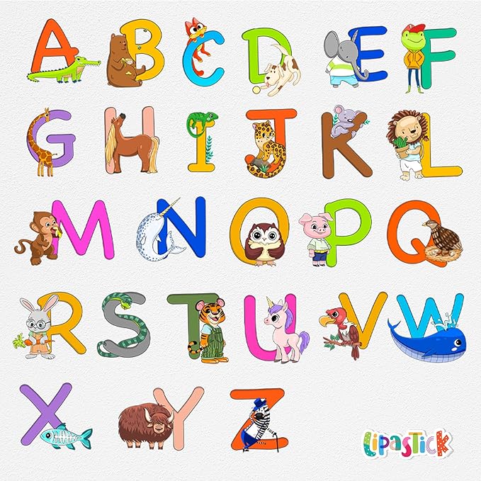 ABC Educational Wall Stickers for Kids - Animal Alphabet Wall Decals by Lipastick - Peel and Stick Letters for Boys and Girls Bedroom, Baby Room, Nursery Decor - Removable Wall Art