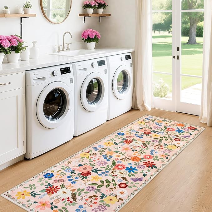 Runner Rug for Entryway: 2.6x8 Kitchen Rugs Non Slip Washable Ultra-Thin Soft Floral Carpet Indoor Floor Stain Resistant Carpets for Hallway Bedroom Kitchen Laundry Bathroom Dorm Beige
