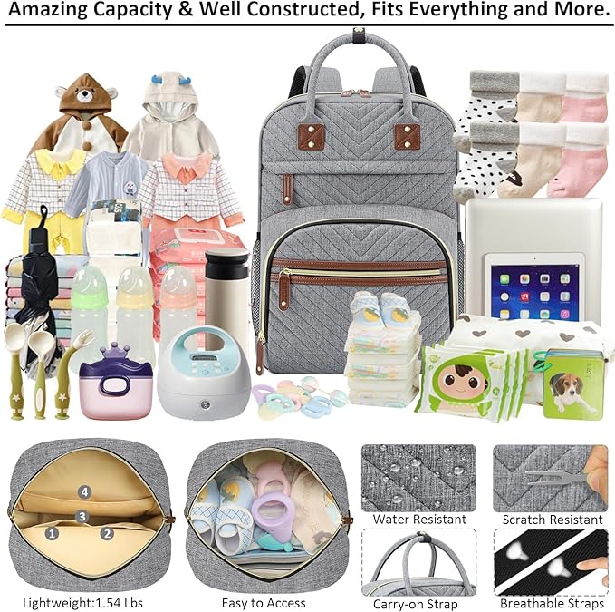Diaper Bag Backpack Tote with Insulated Pockets for Men Baby Boys Girls Newborn Unisex Tactical Large Capacity, Multifunctional Waterproof Grey