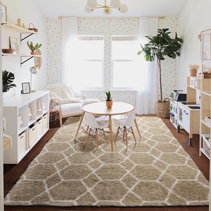 ONASAR 8x10 Area Rugs for Living Room, Fluffy Beige and White Bedroom Rug, Washable Geometric Boho Large Soft Plush Shaggy Fuzzy Floor Carpet for Nursery Kids Classroom Playroom Dorm Home Decor