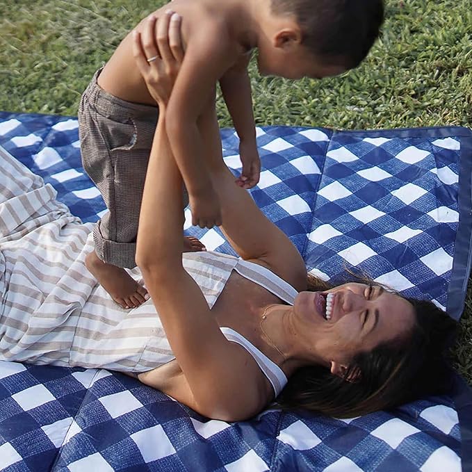 Little Unicorn 5'x5' Outdoor Family Picnic & Beach Blanket | Durable & Water-Resistant Fabric | Compact Fold & Easily Wipes Clean | Zipper Pocket (Navy Plaid)