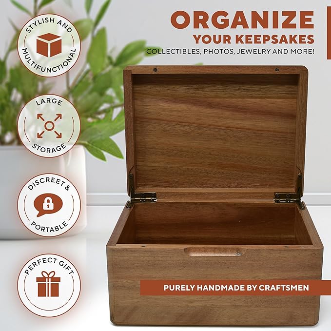 Custom Engraved Small Wooden Box - Acacia Wood Memory Boxes with Personalized Hidden Message, Walnut Keepsake Box for Pictures, Wedding Photo, Jewelry, Decorative Treasure Chest Rustic Crate, 8x6x4 in