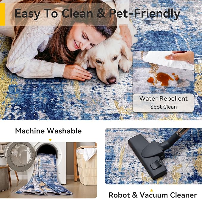 Washable Area Rugs 6'x9' Non-Slip Modern Abstract Soft for Living Room Entryway Bedroom Nursery, Print Pattern, Grey Blue Gold/Golden