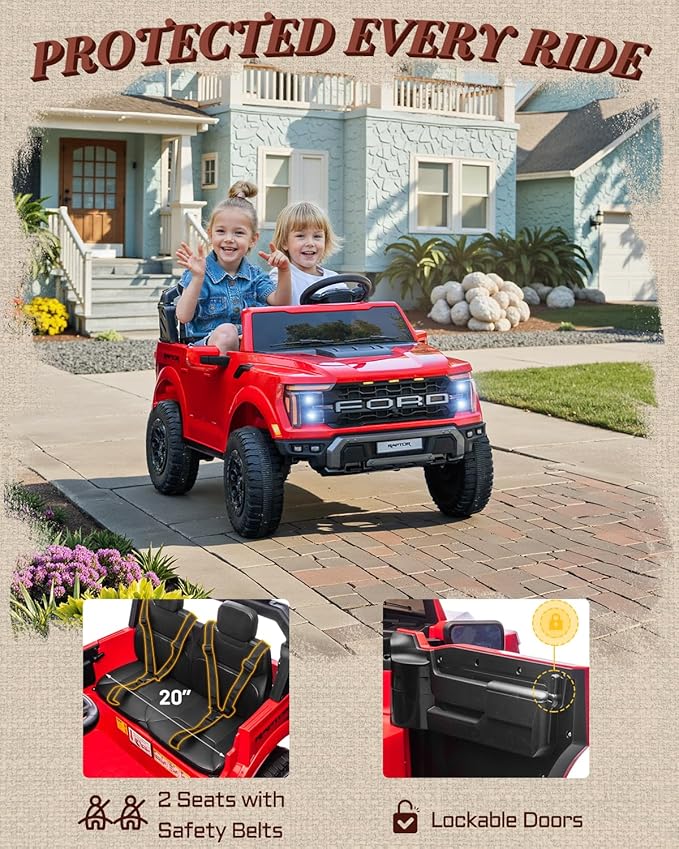 24V 2 Seater Ride on Toys for Kids, Licensed Ford F-150 Raptor Kids Electric Vehicles w/Remote Control, Power Pedal and Durable Wheels, LED Lights, Bluetooth, Truck Bed Storage (Red)
