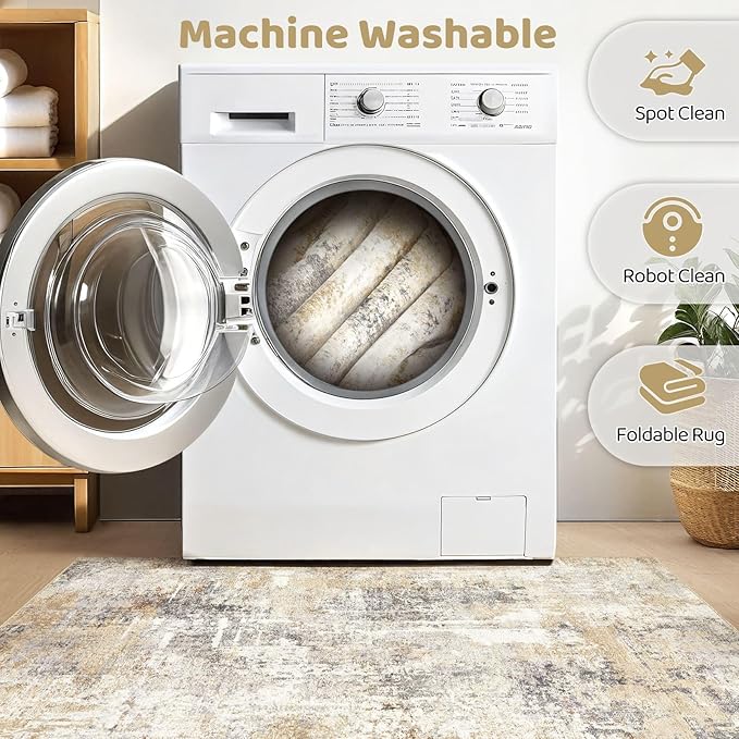 Round Rug Living Room Rugs: 6Ft Washable Circle Large Abstract Modern Soft Stain Resistant Non Slip Indoor Floor Carpet for Bedroom Nursery Office Dining Room Dorm Home House Decor- Gray Gold