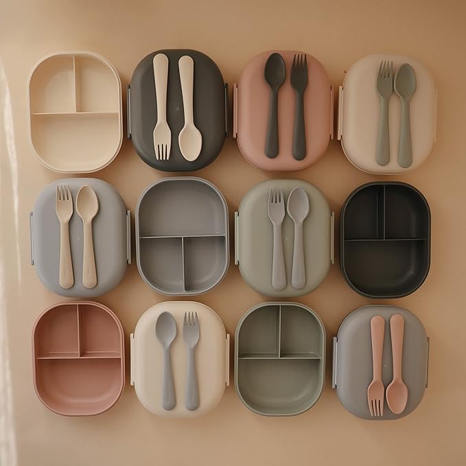 mushie Kids Bento Lunch Box | 3-Compartment & Removable Divider + Fork & Spoon Utensils | Great For Meals, School, Snacks On-the-Go | Dishwasher Safe (Sage)