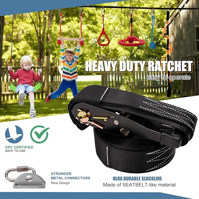 Slsy 60FT Ninja Warrior Obstacle Course for Kids, Complete 13-Obstacle Slackline Kit with Monkey Bar, Swing, Balance Belt, Climbing Ladder & Net, Durable Outdoor Playset Equipment