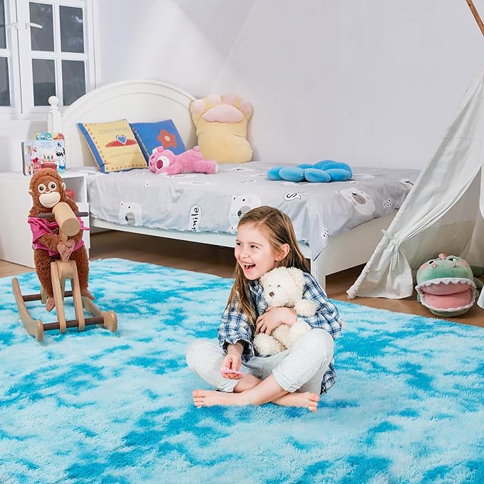 Ultra Soft Rug for Living Room, 8X10 Fluffy Shag Area Rug for Bedroom, Modern Shaggy Carpets Fuzzy Rug for Teens Dorm Nursery Home Decor Aesthetic, Upgrade Anti-Skid Durable, Tie-Dyed Blue